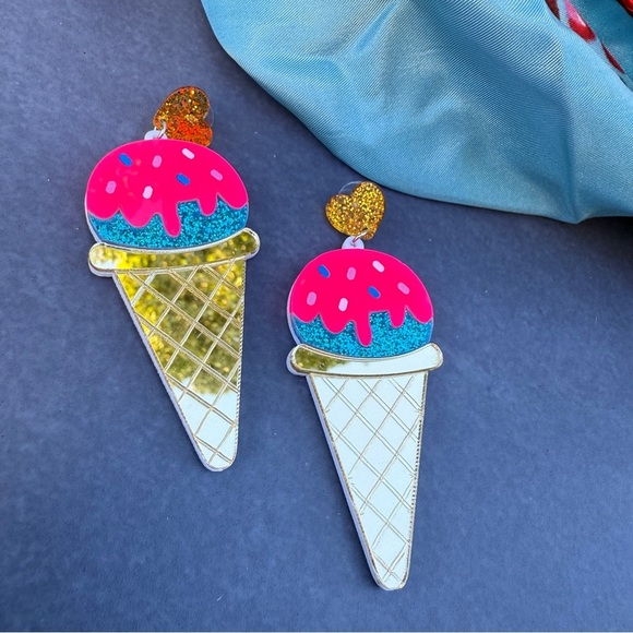 Gold and Pink Ice Cream Cone Acrylic Earrings - Picture 7 of 7